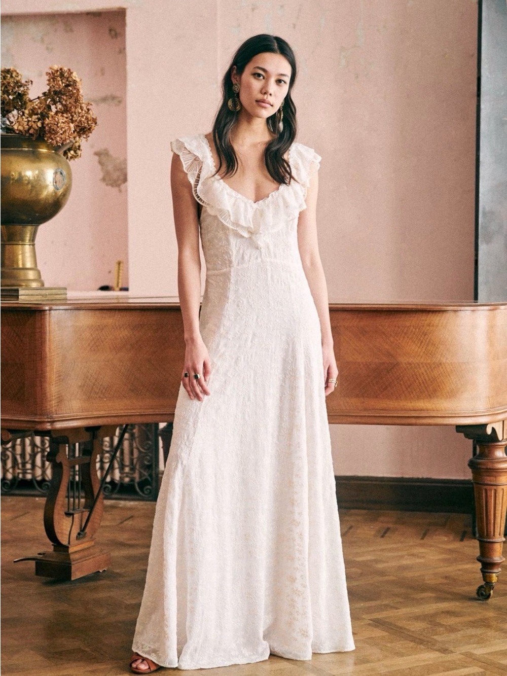 NWT Sézane Ruffled V-Neck Maxi/Wedding Dress in Ivory